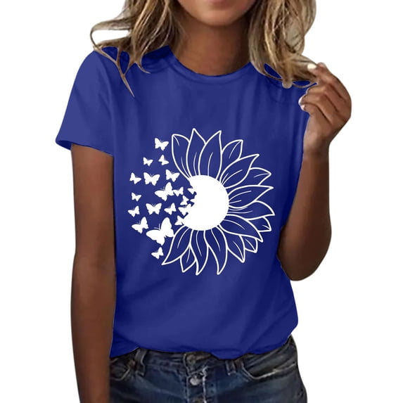 Outfmvch Tops for Women Trendy Spring Tops for Women 2024 Womens Tops Shirts for Women Sunflower Summer T Shirt Plus Size Loose Blouse Short Sleeve Graphic Casual Tees Polyester Spandex Blue M