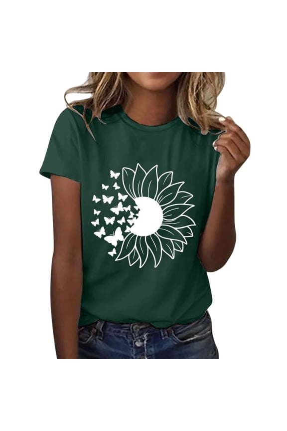 Tops for Women Trendy Spring Tops for Women 2024 Womens Tops Shirts for Women Sunflower Summer T Shirt Plus Size Loose Blouse Short Sleeve Graphic Casual Tees Polyester Spandex Green 3xl