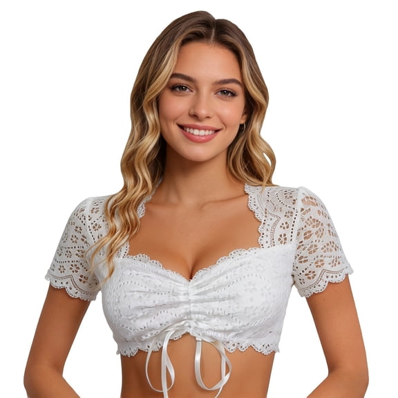 Outfmvch Traditional Dirndl Blouse Ruched Bustier Cropped Tshirt Blouse for Oktoberfest Vintage Off Shoulder Crop Top Classic Tops Puff Sleeve Crop Top Oktoberfest Shirt White L
