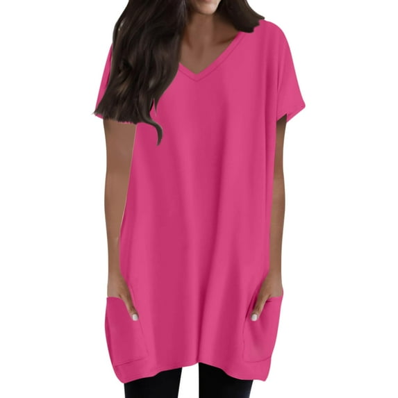 Outfmvch Tunic Tops for Women Loose Fit Dressy,High Low Shirts for Women,Tunic Blouse,2025 Short Sleeve V Neck Shirts Fit Oversized Tshirts Tunic Tops,Tunic Blouse,Tunic Blouse Hot Pink 3XL