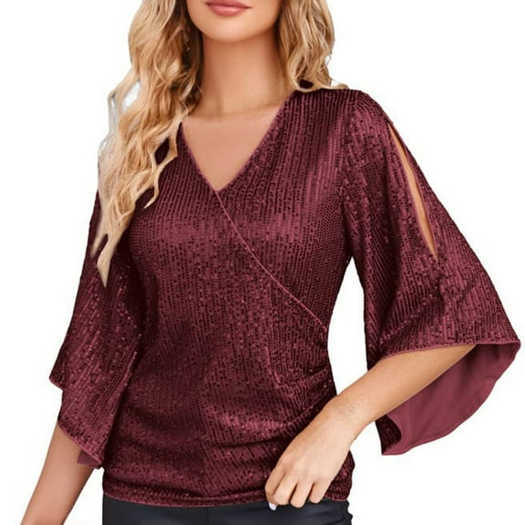 Outfmvch Tunic Tops ruffle tops for women Peasant Blouses 3/4 Sleeve Tops bell sleeves top for women Womens Sequin Tops 3/4 Sleeve Glitter Sparkly Blouse V Neck Tops For Evening Wine S