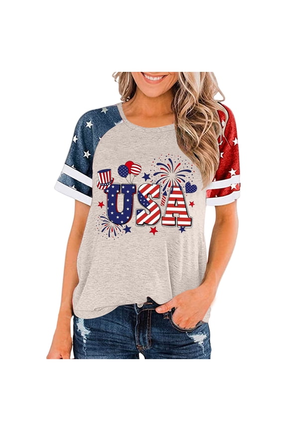 Usa Shirt Summer Tops Tee Crop Tops Flowy Tops for Women Womens Going Out Tops Short Sleeve Shirts Flowy Top Tee Shirts Womens Tops Women's Summer Tops Beige M