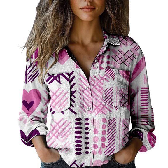 Outfmvch Valentine Heart Shirt Work Tops for Women Long Sleeve Button Shirts for Women Button Down Shirt Business Tops for Women's Button Down Shirts Light Pink M