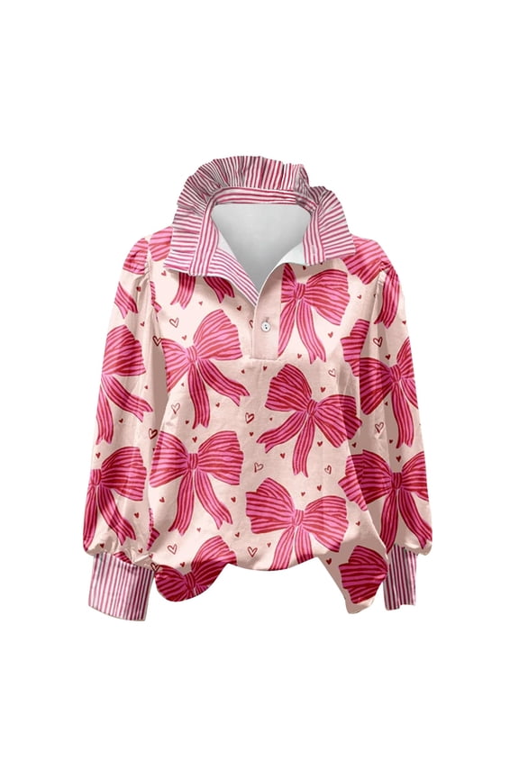 Valentines Day Long Sleeve Shirt Half Button Stripe Ruffled Stand Collar Blouse V Neck Business Work Top Love Heart Print Love Heart Graphic Ruffle Collar Long Sleeve Shirtsa3_hot Pink 2xl