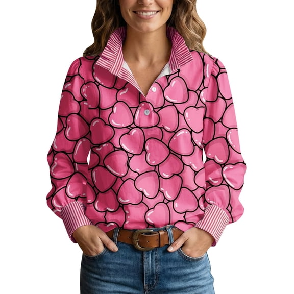 Outfmvch Valentines Day Shirts Women Long Sleeve Half Button Stripe Ruffled Stand Collar Ruffle Collar Blouse for Women Love Heart Graphic Pullover Top Long Sleeve Shirtsa1_hot Pink 3xl