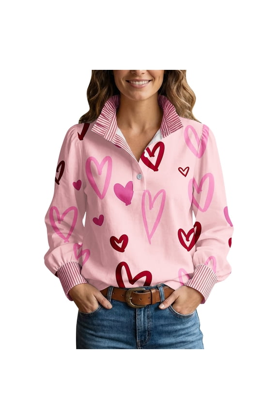 Valentines Day Shirts Women Long Sleeve Puff Sleeve Graphic Pullover Top Half Button Stripe Ruffled Stand Collar Blouse V Neck Business Work Top Ruffle Collar Heart Sweatshirta4_red Xl