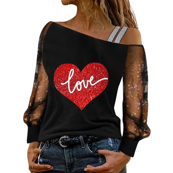 Outfmvch Valentines Shirts for Women Long Sleeve Shirts for Women Cold Shoulder Tops Graphic Tees for Women Long Sleeve Tops for Women Red 2xl