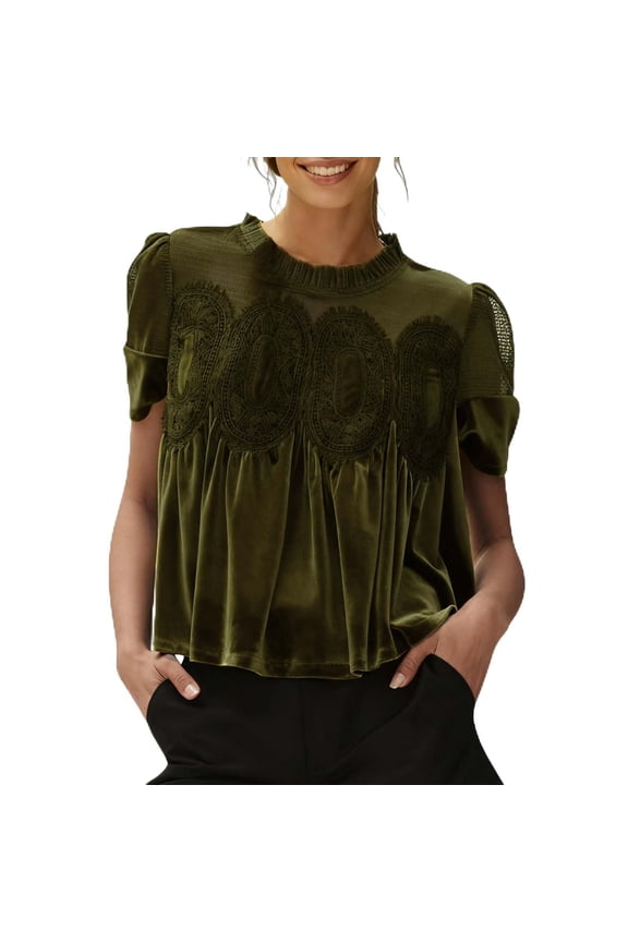 Velvet Tops for Women Vintage Embroidery Velour Cropped Shirts Lace Short Sleeve Holiday Party T-shirt Winter Clothes Teal Sweater Women Velvet Peplum Top Crew Neck Velvet Shirts Green L