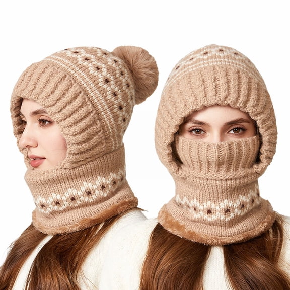 Outfmvch Warm Hats for Women Winter 3 in 1 Beanie Hat with Scarf and Mask,Womens Knit Beanie Hat Fleece Lined Winter Scarf Mask Set Snow Caps Hat and Scarf Khaki 2 One Size