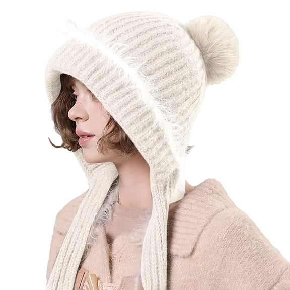 Outfmvch Warm Hats for Women Women Winter Peruvian Cover Ears Beanie Hat Ear Flaps Ski Snow Hats Knit Fleece Lined 3 Pom Pom Scarf Hood White One Size
