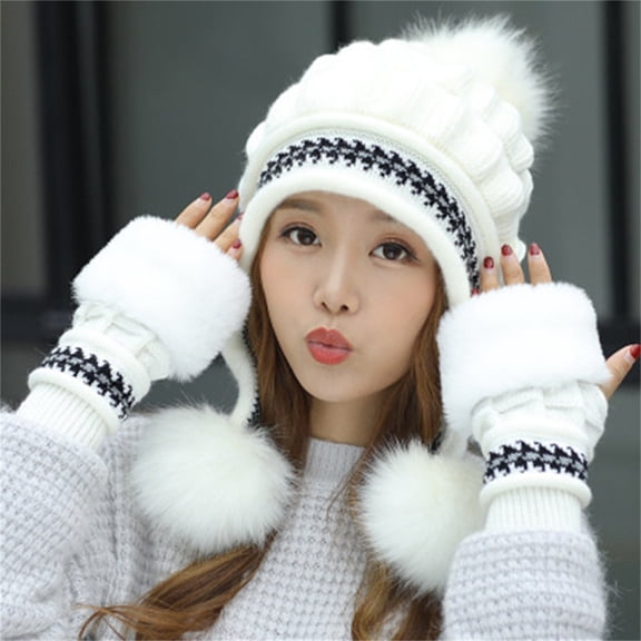 Outfmvch Warm Winter Hats for Women Winter Pompom Beanie Hats for Women Fluffy Knit Womens Beanie Faux Fur Crochet Skull Cap Warm Bucket Outdoor Ear Cover 3 in 1 Hat for Women White One Size