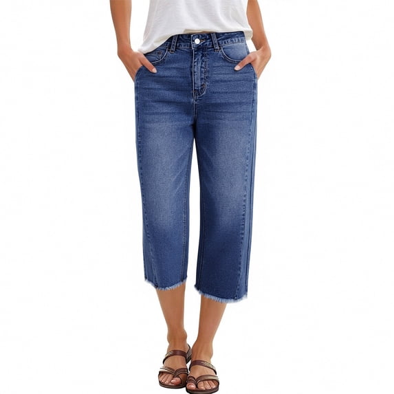Outfmvch Wide Leg Capri Jeans for Women Stretchy Denim High Hem Ankle Cropped Trousers Side Seam Straight Baggy Cut Butt Lifting Casual Everyday Wear Denim Pants Blue M