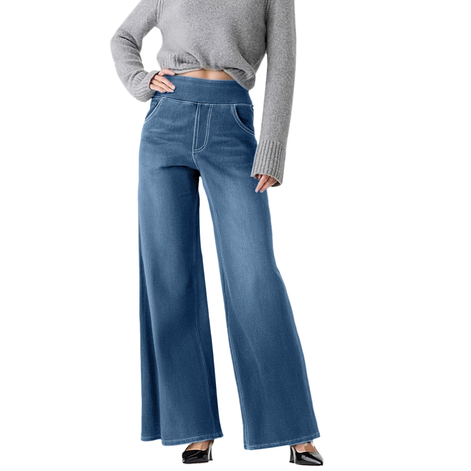 Genleck Women's High Waisted Wide Leg Jeans – Stretch Baggy Denim Pants, Blue, Size Large