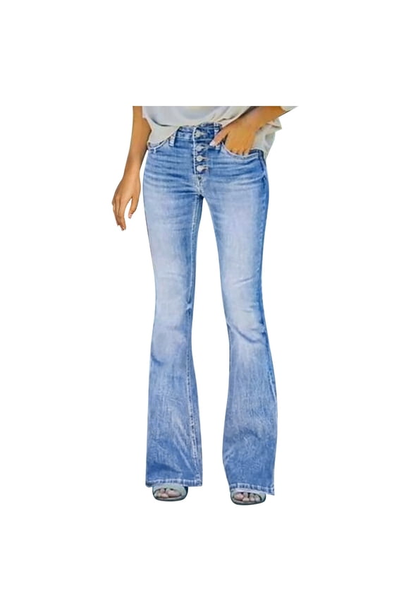 Wide Leg Jeans for Women Casual Stretchy High Waist Casual Pull On Flare Denim Pants with Pockets Blue 4XL
