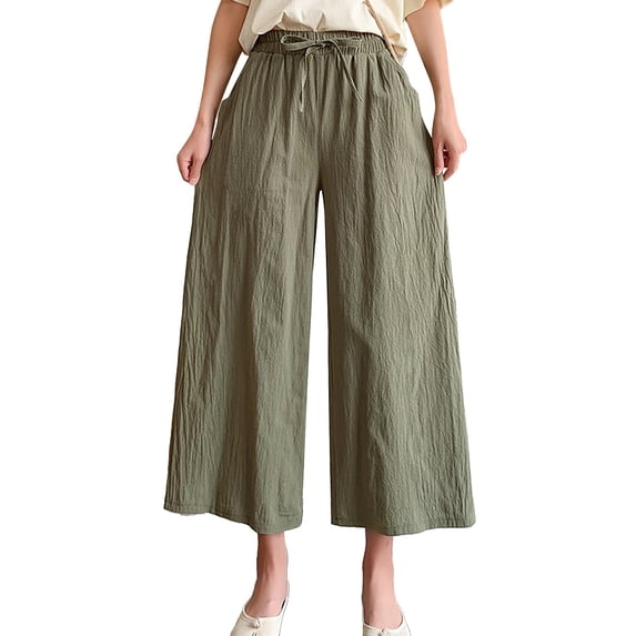 Outfmvch Wide Leg Linen Pants for Women Drawstring Pants Women' S Culottes Flowy Lounge Patchwork Pants Baggy Straight Leg Flowy Wide Leg Drawstring Wide Leg Linen Pants Army Green M-2XL