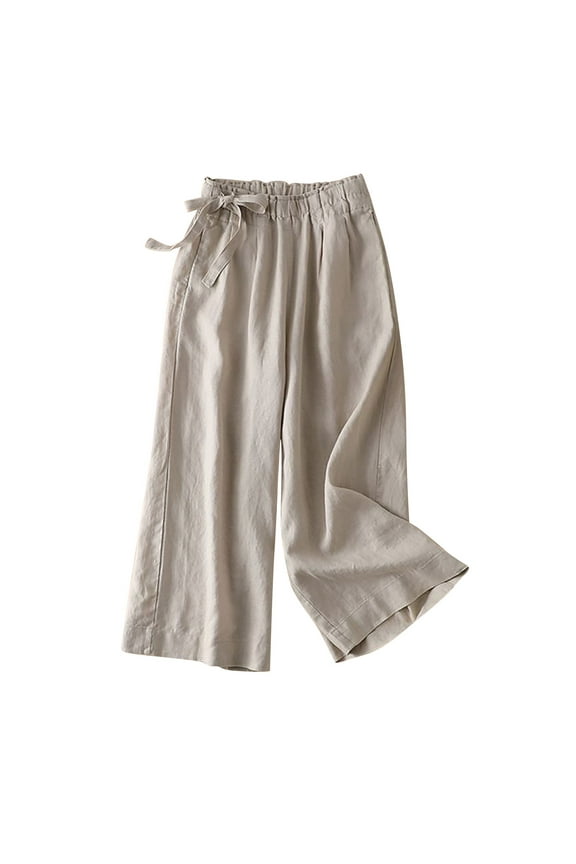 Wide Leg Linen Pants for Women Women's Culottes Flowy Drawstring High Waist Linen Pants Vacation Beach Trousers Pedal Pushers for Women Cotton Baggy Boho Casuals Beige 1 M-3XL