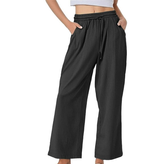 Outfmvch Wide Leg Palazzo Pants for Women Beach Pants Beach Travel Flowy Linen Women Summer with Pockets Linen Trousers Summer Pants Lounge Pant Drawstring Wide Pants for Women Trendy Black L