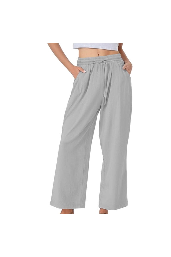 Wide Leg Palazzo Pants for Women Linen Pants Women Summer Loose Pants Beach Pants Relaxed Fit Linen Trousers Elastic Waist with Pockets Barrel Pants Drawstring Pants Women Gray 1 M