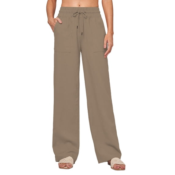 Outfmvch Wide Leg Pants Woman Baggy Straight Leg with Side Pockets Flowy Drawstring High Waist Long Lounge Pant Gaucho Pant Beach Linen Trousers Cotton Baggy Boho Casual Beach Pants Khaki S-3XL