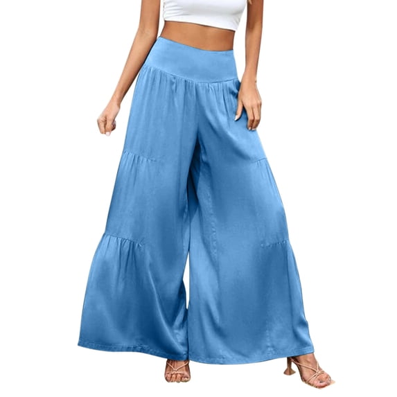Outfmvch Wide Leg Pants Woman Casual Capri Baggy Wide Leg Women' S Culottes Drawstring Cotton Baggy Boho Casual High Waisted Linen Pants Women Patchwork Pants Sky Blue S-2XL