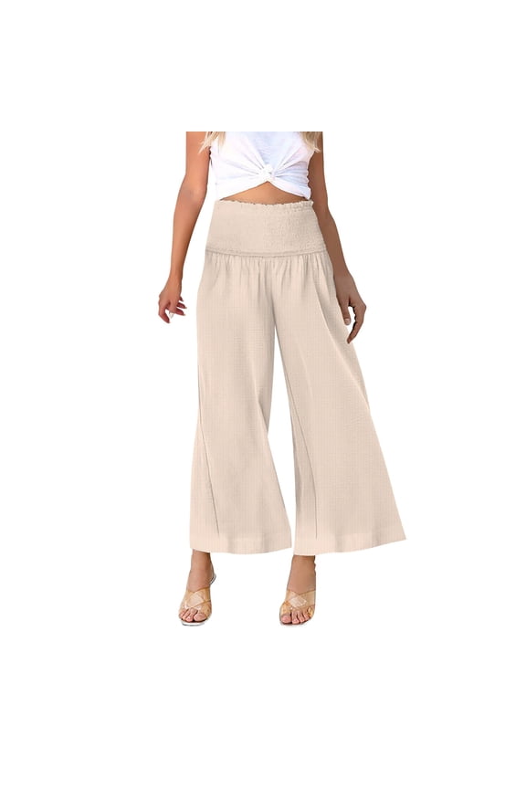 Wide Leg Pants Woman Flowy Lounge Trousers Wide Leg Linen Pants Vintage Baggy Beach Trousers Beach Pants for Women Trousers with Pockets 2026 Trendy Patchwork Elastic Waist Pants Beige S-2XL
