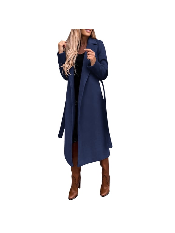 Winter Coats For Women Fleece Jacket Women Women'S Faux Wool Coat Blouse Thin Coat Trench Long Jacket Ladies Slim Long Belt Elegant Overcoat Outwear Womens Coats Dark Blue Xl