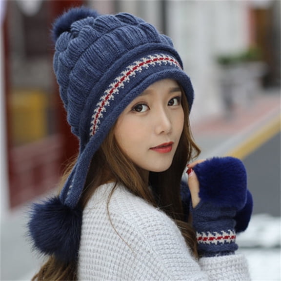 Outfmvch Winter Hat and Scarf Winter Pompom Beanie Hats for Women Fluffy Knit Womens Beanie Faux Fur Crochet Skull Cap Warm Bucket Outdoor Ear Cover Scarf Hood Navy One Size