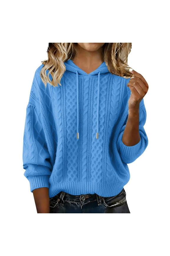 Women Fall Hoodies Sweater Knit Crew Neck Tops Oversized Fashion Pullover Casual Long Sleeve Shirts with Pockets Fall Sweaters Fall Sweaters for Cable Knit Sweatshirts for Women Blue M
