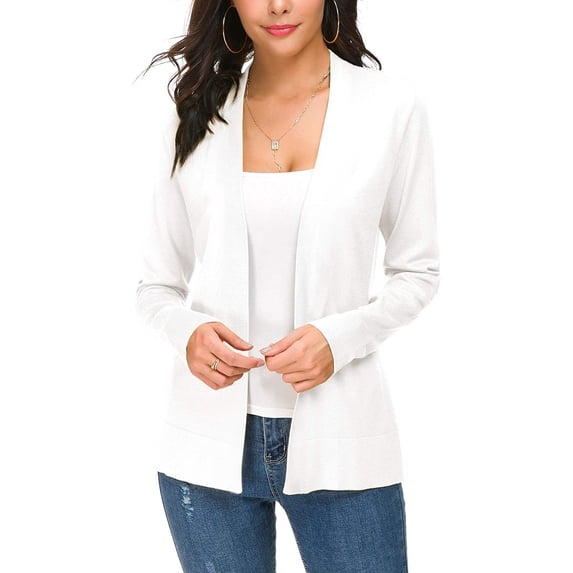 Outfmvch Women Lightweight Cardigans Open Front Casual Solid Color Long Sleeve Knit Sweater Cover Up with Pockets White XL
