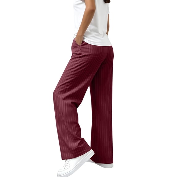 Outfmvch Women Pinstripe Striped High Waisted Wide Leg Dress Pants Stretchy Flowy Slacks with Side Pockets Breathable Lightweight Business Office Work Daily Dressy Workplace Trousers Red L