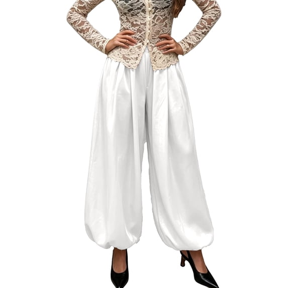 Outfmvch Women Summer Vacation Lantern Pants High Waisted Front Pleats Baggy Wide Leg Elastic Ankle Cuffs Wrinkle Free Hidden Pockets Dressy Office Evening Casual Daily Outfits White L