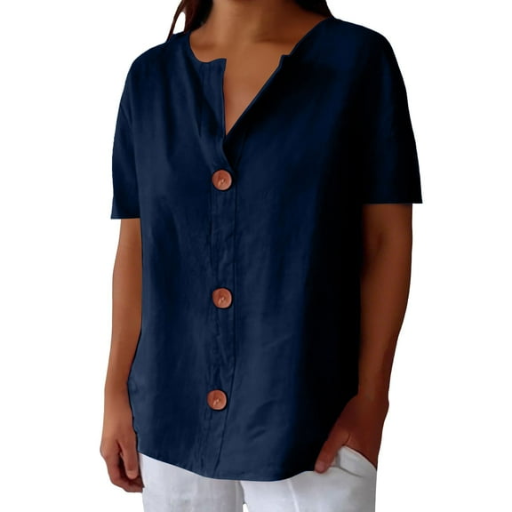 Outfmvch Women's Button-down Shirts Linen Shirts V Neck Cotton Linen Short-sleeved Shirt Summer Trendy 3/4 Sleeve Button Down Button Down 2026 Button Down Linen Tunic Tops for Women Blue Xl