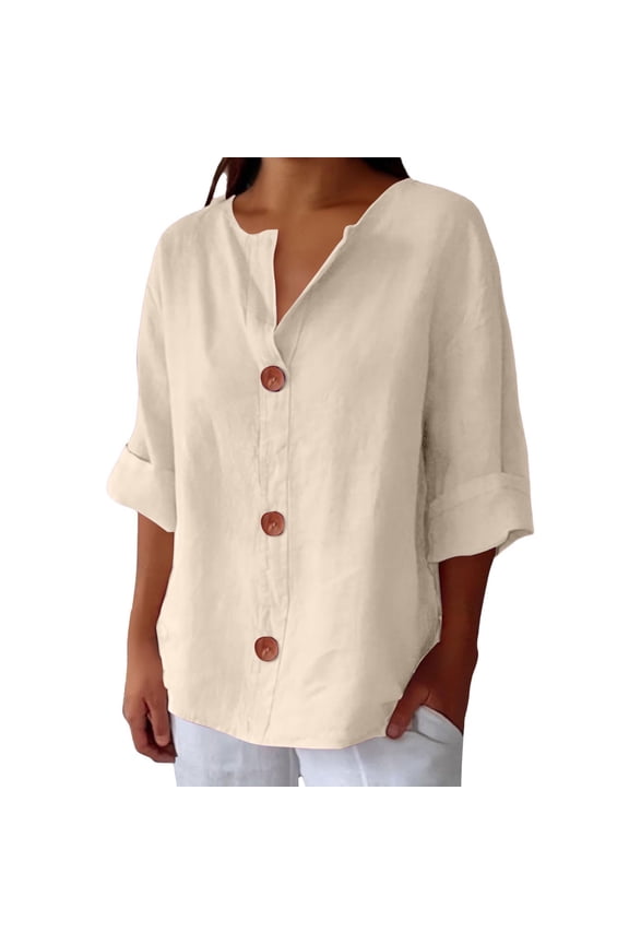 Women's Button-down Shirts Tee Shirts 2026 Henley Tops Button Down Henley Shirts Cotton Linen 2026 Button Down Vacation Fashion Clothes Tunic Tops Blusas De Lino Para Mujer Beige 1 5xl