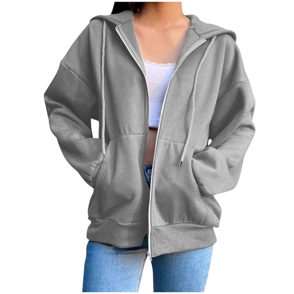 Outfmvch Women's Casual Sweatshirts Loose Solid Color Long Sleeve Double Zipper Hooded Sweatshirts with Pocket Gray M
