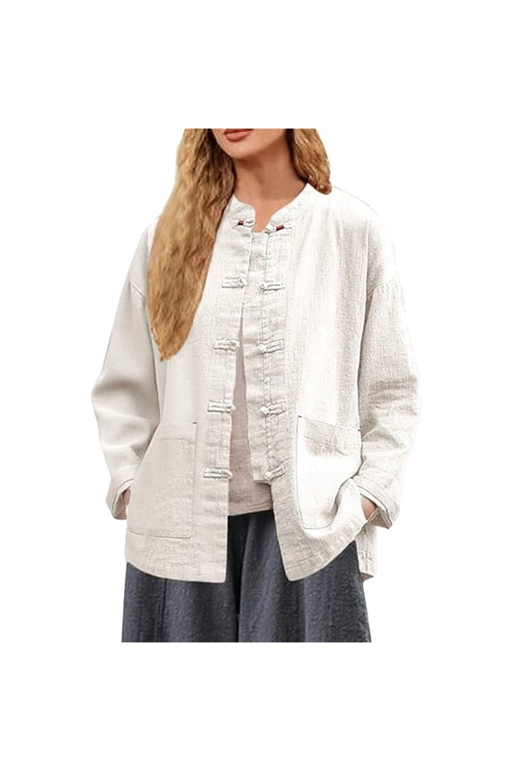Women's Cotton Linen Shirts for Women Frog Button Vintage Fashion Side Split Tops Plain Shirt Blouses for Women Mandarin Collar Gauze Tops Long Sleeve Linen Shirt Women White Xl