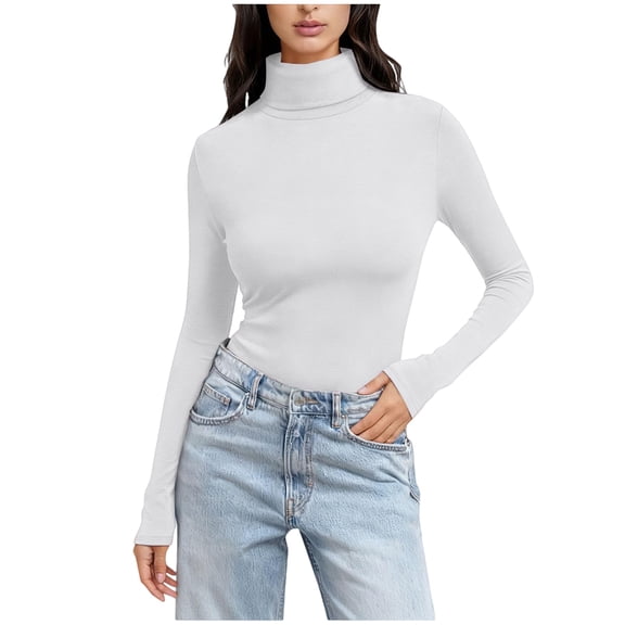 Outfmvch Women's Cotton Mock Turtleneck Long Sleeve T-Shirts, Basic Tops Slim Fitted Stretch Underwear Layer Tee A1 White S-5XL