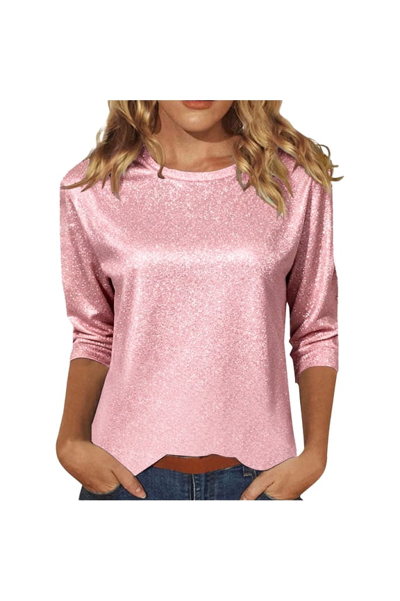 Women's Dressy Sequin Top Long Sleeve Shirt Blouses Sparkly Glitter Shirts for Women Shimmer Sequin V Neck Formal Pullover Tops Glitter Baisic Sequin Tops for Party Night A1 Pink S-3XL