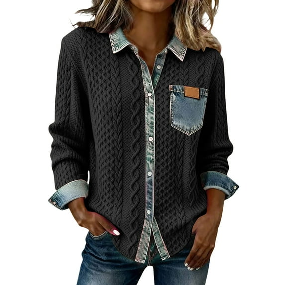 Outfmvch Women's Knitted Long Sleeve Denim Patchwork Cardigan Sweater Jacket Top A1 Black S-3XL