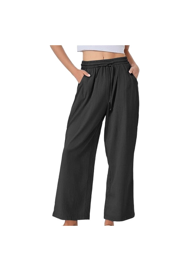 Women's Linen Pants Boho Chic Clothing Wide Leg Cotton Linen Baggy Wide High Waisted Beach Clothes Beach Vacation Casual Dress Pants Boho Pants Black S