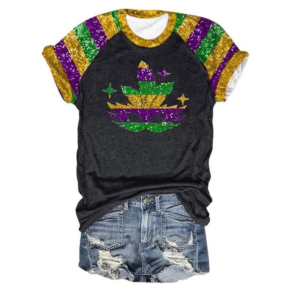 Outfmvch Women's Mardi Gras Short Sleeve Top Mardi Gras Sequin Top Womens Gauze Tops and Blouses Plain T Shirts Basic T Shirts for Women Mardi Gras Tee Womens Loose Tshirt Black L