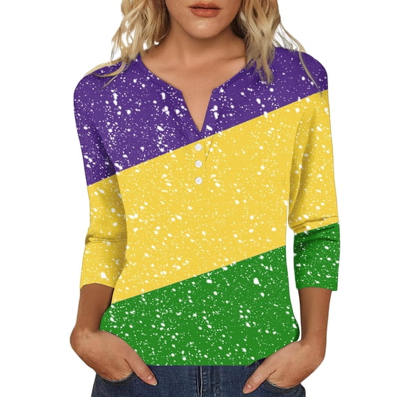 Outfmvch Women's Mask Graphic Shirts Women's Mardi Gras Long Shirt Women's Mardi Gras 3/4 Sleeve Top Women's Mardi Gras Shirt Plain Shirts for Women Womens T Shirts Loose Fit Yellow 1 L
