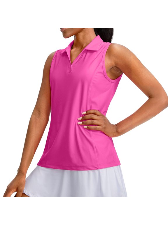 Women's Sleeveless Golf Polo Shirts V-Neck Polos UPF 50+ Quick Dry Collared Shirt Workout Tennis Tank Tops for Summer Pink M