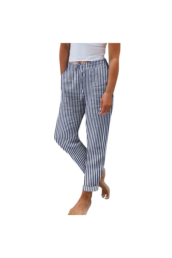Women's Straight Leg Striped Pants Pinstripe Long Palazzo Trousers Striped Linen Pants Women Comfy Drawstring Pull On Pants Capri Beach Gaucho Pants for Women Light Blue S-3XL