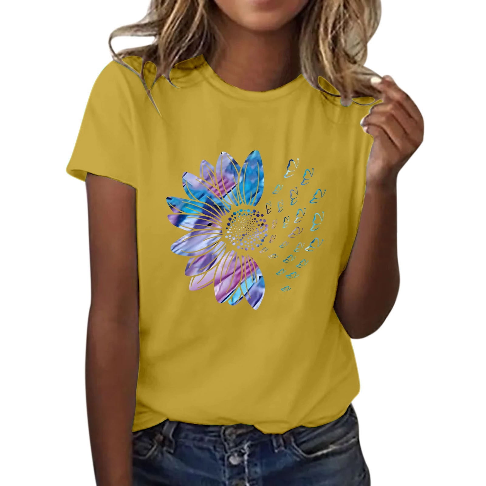 Anbech Women's Sunflower Print Short Sleeve T-Shirt | Cute Graphic Tee, O-Neck, Loose Casual Fit - Size S Yellow - View #9