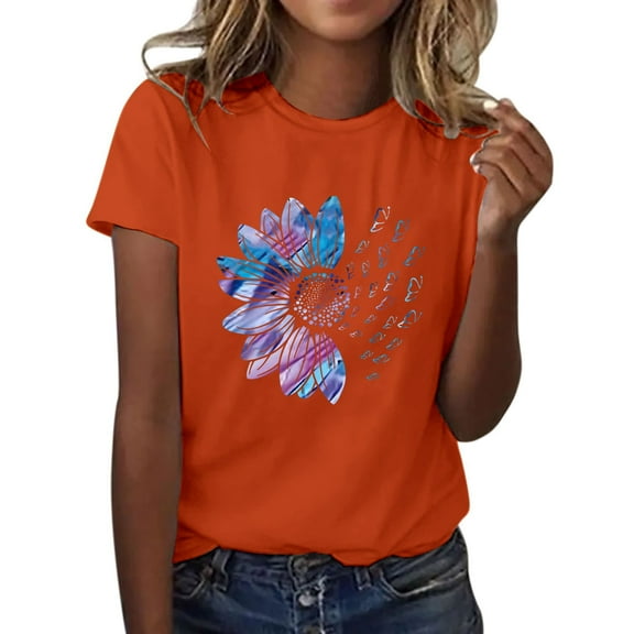 Outfmvch Women's Sunflower Butterfly Short Sleeve Roung Neck T-Shirt