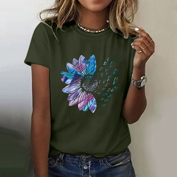 Outfmvch Women's T-shirts,Basic Tees for Women,Going Out Tops for Women,Sunflower T Shirt Plus Size Top Tops Girls Short Sleeve Graphic T Shirt,Western Shirts for Women,Blusas De Mujer Army Green L