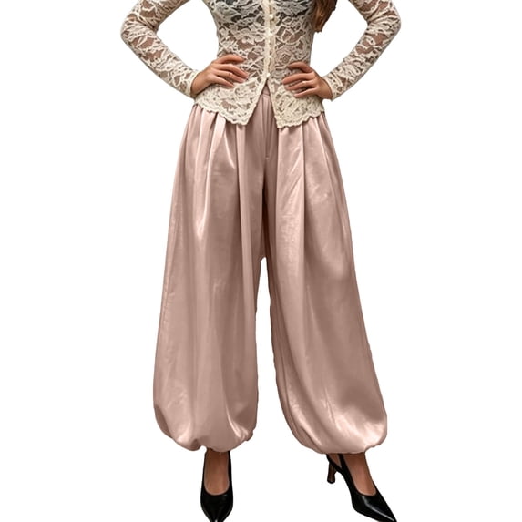 Outfmvch Women's Wide Leg Balloon Pants High Waist Front Pleated Baggy Lantern Fit Elastic Cinched Ankle Cuffs Wrinkle Resistant Side Pockets for Party Office Vacation Daily Casual Outfits Pink L