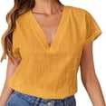 thumbnail image 1 of Outfmvch Womens Button Up Shirts Half Sleeve Casual Blouses Retro Embroidered 3/4 Sleeve Boho Tops Linen Tunic Tops for Women Short Sleeve Gauze Tops Yellow M, 1 of 5