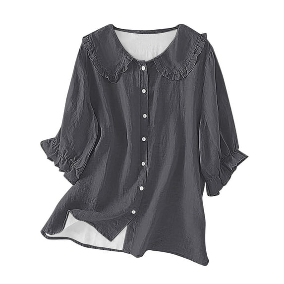 Outfmvch Womens Button Up Shirts Linen Tunic Tops for Women V Neck Tops Outfits Button Down Shirts for Women Roll Up Short Sleeve Womens Linen Tops Gray L