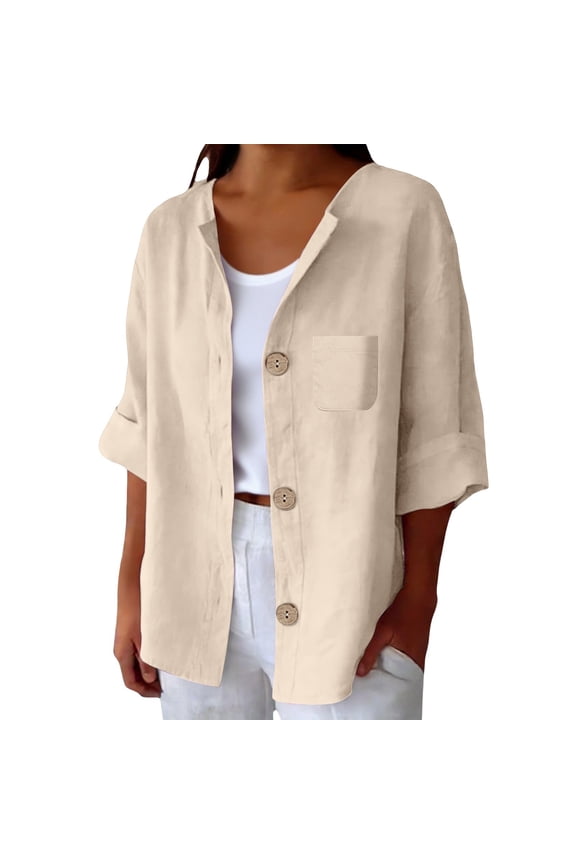 Womens Button Down Shirts Womens Cotton Linen Tunic Collared Roll Up Long Sleeve Linen Button Down Shirt Women Button Down Plaid Shacket Shirt Beige L